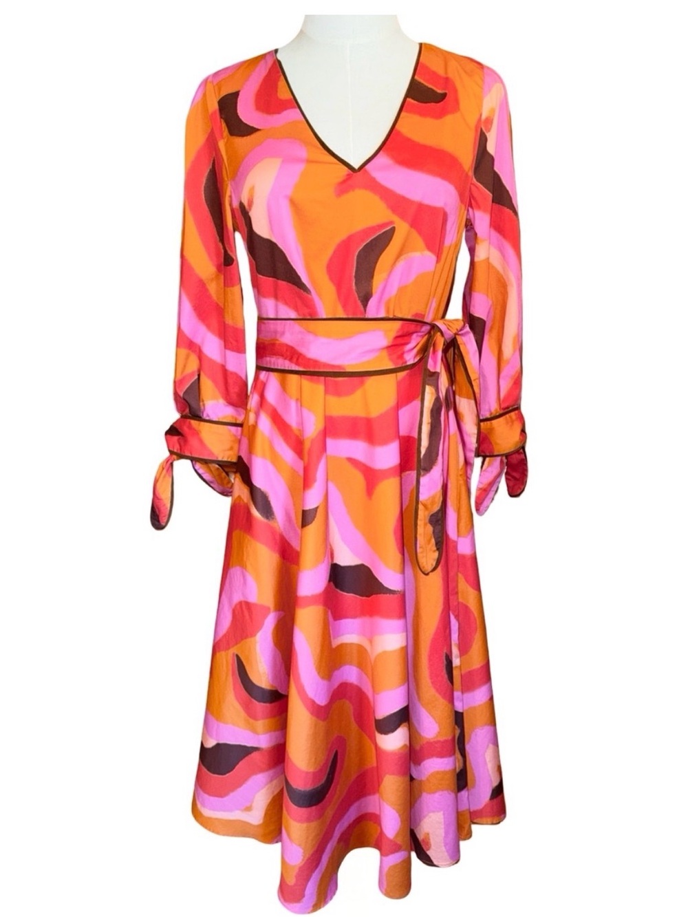 LaRoque Vibrant Abstract Midi Dress in Orange, Pink & Brown - NWT